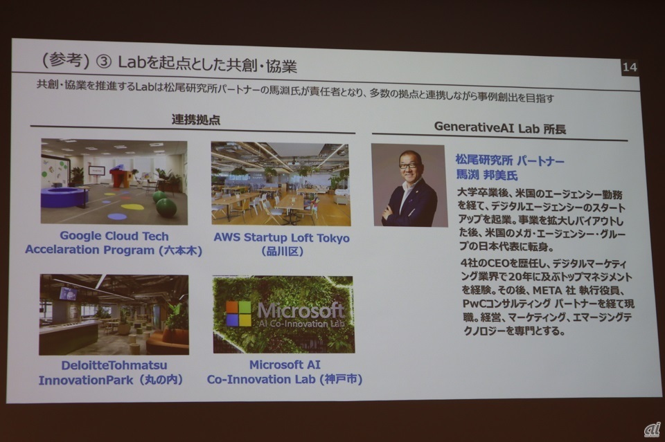 （3）Labを起点にした共創・協業では、理事を努める松尾研究所 パートナーの馬渕邦美氏が所長を務め、4つの拠点で連携する