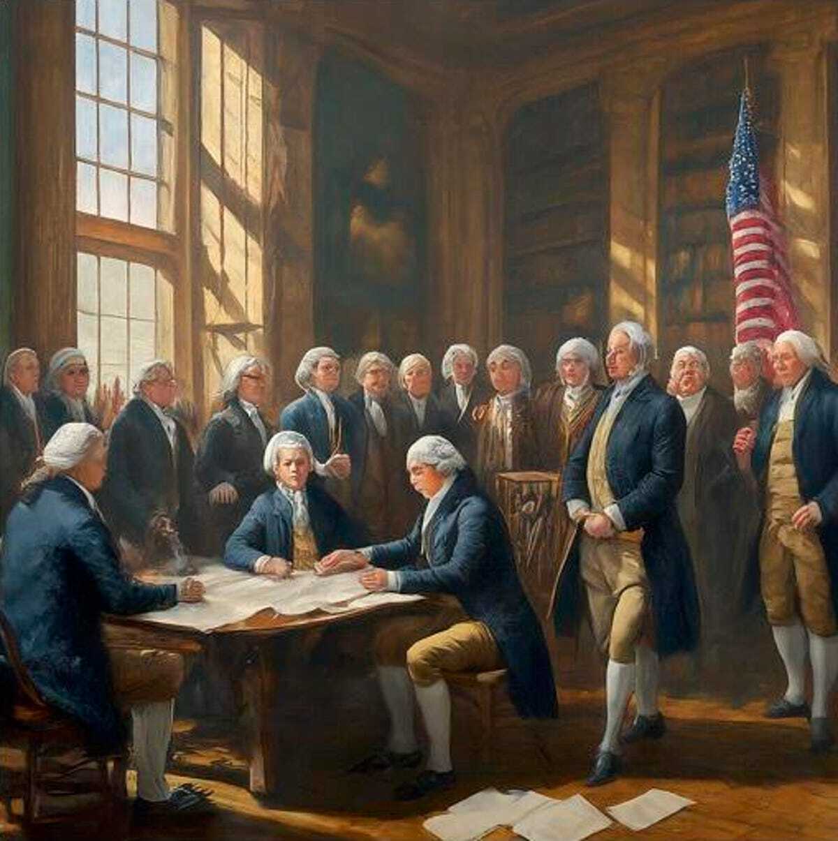 米独立宣言の署名の様子を表す画像