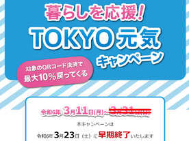 東京都の「暮らしを応援！TOKYO元気キャンペーン」、早期終了へ--QRコード決済で最大10％還元